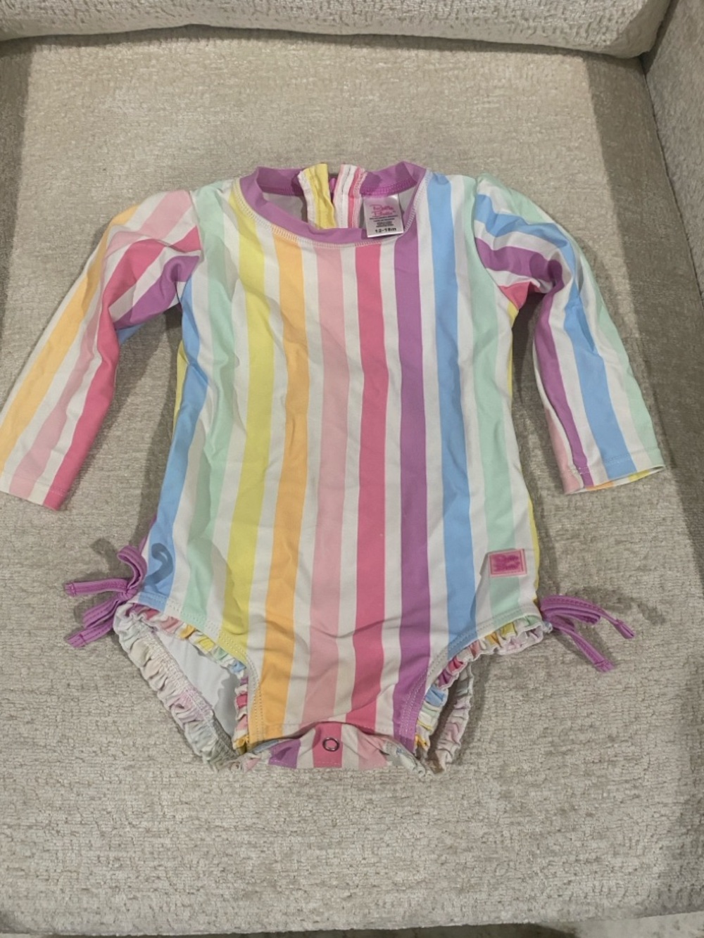 Ruffle Butts Kids One-Piece Swimsuit - Pastel Rainbow Stripes